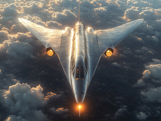  futuristic, sleek, silver aircraft flying above the clouds during either sunrise or sunset, with a glowing light at its front, giving it a highly advanced and futuristic appearance.
