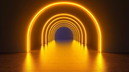 Fototapeta premium Black runway stage or corridor with neon yellow arch. Realistic 3d vector illustration of perspective hall or catwalk podium with golden light led arc. Abstract futuristic portal or night club walkway