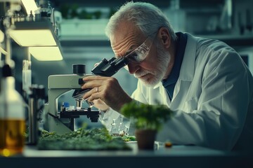 Senior scientist meticulously examining plant samples under a microscope in a laboratory setting.