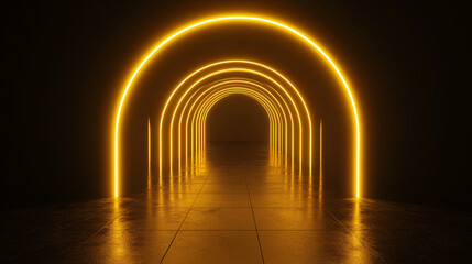 Fototapeta premium Black runway stage or corridor with neon yellow arch. Realistic 3d vector illustration of perspective hall or catwalk podium with golden light led arc. Abstract futuristic portal or night club walkway