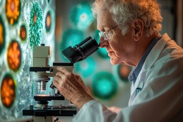 An elderly scientist meticulously examines a sample under a microscope in a laboratory setting.