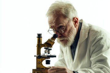 An elderly scientist with a white coat intently examines a specimen through an antique brass microscope.