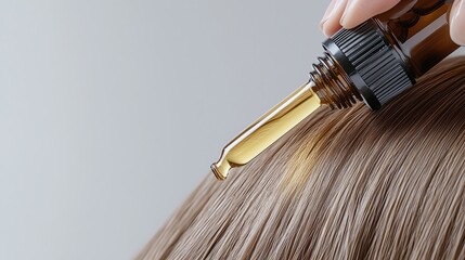 Close-up of a dropper applying oil treatment to hair, promoting healthy scalp and nourishment.