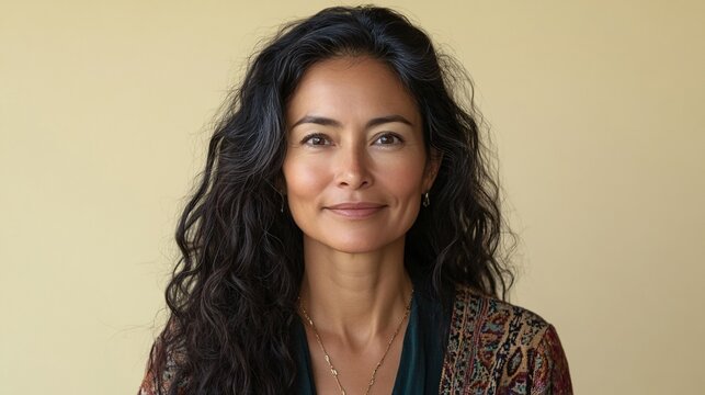 A middle aged woman with long wavy dark hair