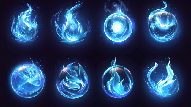 Magic energy ball and blue fire power orb game icon with light glow effect. Fireball sphere round vector portal swirl element. 3d cristal flame burst flare with steam set. Abstract radial asset kit
