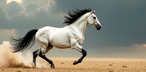 Obraz premium White horse gallops with black mane flowing freely, white horse, motion, freedom
