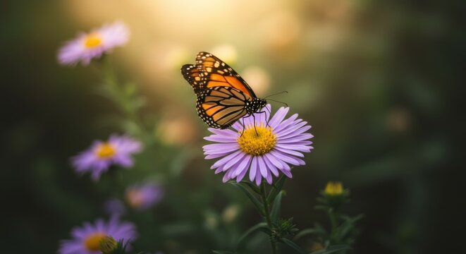 Monarch butterfly perched on a vibrant purple flower in a serene garden during golden hour - Powered by Adobe
