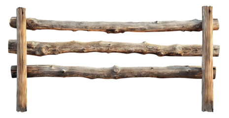 Rustic wooden fence made of natural logs, isolated on transparent cutout background