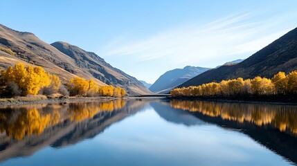 Golden Aspen Reflections On Calm River In Mountain Valley