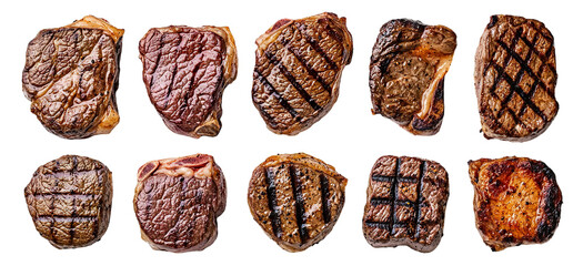 Delicious set of grilled steak cuts, isolated on transparent cutout background