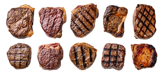 Delicious set of grilled steak cuts, isolated on transparent cutout background