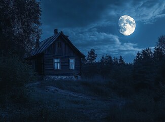 Naklejka premium Rustic wooden house at night under a full moon, forest background