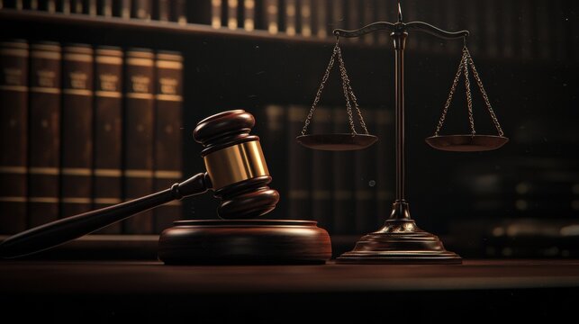 Symbol of Justice: Gavel and Scales in Law Library Setting
