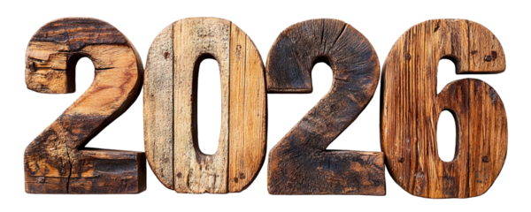 2026 in rustic wooden texture, isolated on transparent cutout background