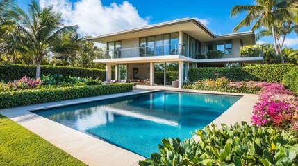 Fototapeta premium A minimalist two-story home with an expansive pool and a garden filled with tropical plants, flowers, and low hedges