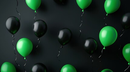 Festive black and green balloons on a dark background