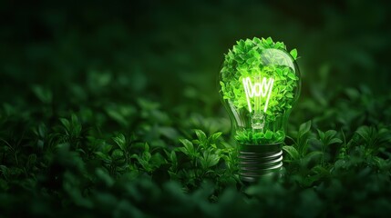 Eco-friendly light bulb surrounded by lush greenery