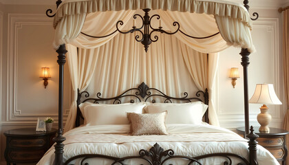 A luxury canopy bed with intricate wrought iron detailing, soft cream-colored linens, and a vintage-inspired design, creating an elegant and timeless bedroom atmosphere.