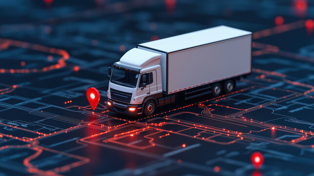 A white delivery truck on a dark futuristic city map with GPS location pins, representing digital navigation, smart logistics, and real-time tracking for modern transportation services.