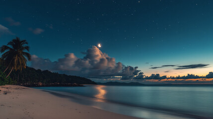 Fototapeta premium Sea landscape with moon, stars and clouds in dark sky at night. Vector cartoon backgrounds of seascape with tropical island with palm trees, sand beach, ocean waves and coastline on horizon