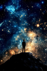 Fototapeta premium Stargazing under a vibrant night sky for astronomy day celebration. Vertical banner. Copy space. Flat illustration