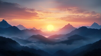 Fototapeta premium Majestic sunset over misty mountain landscape