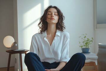 Obraz premium Serene young woman meditates peacefully in sunlit room, wearing white shirt and dark pants.