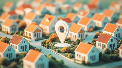 Miniature homes with location marker in focus.