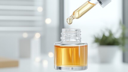 Close-up of dropper bottle with golden oil, modern interior blurred background. Perfect for skincare and wellness themes.