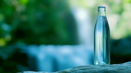 Clear glass water bottle placed on a rock near a serene waterfall in a lush green forest