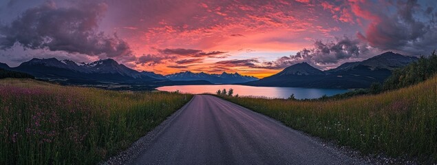 Scenic Mountain Road at Sunset Over Lake