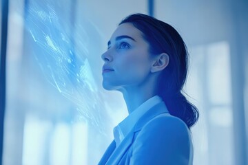 A businesswoman looks at futuristic holographic data, visualizing innovative technology and digital progress.