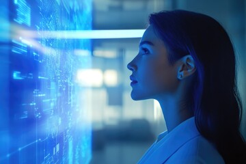 Woman examines futuristic holographic interface displaying complex data streams and patterns.