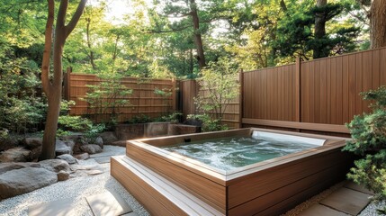 Wooden hot tub surrounded by a lush garden setting