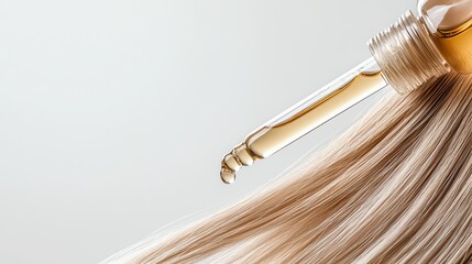 Obraz premium Close-up of dropper with oil applying on blonde hair, ideal for beauty and haircare concepts.