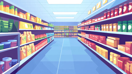 Obraz premium Aisle in grocery store and shelves with food vector background. Supermarket interior background perspective view. Merchandise in hypermarket with display shelf full of products to buy.
