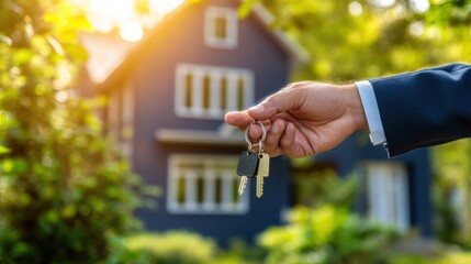 Person Holding House Keys in Front of Modern Home with Nature