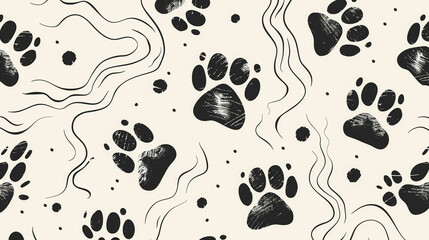 Monochrome Paw Print Pattern with Artistic Hand-Drawn Details