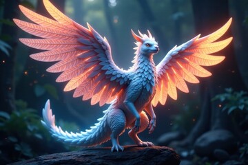 Winged creature with iridescent feathers and glowing aura, glow, fantasy, wings