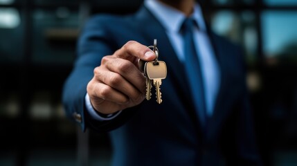 Business Professional Holding Keys in a Modern Urban Environment