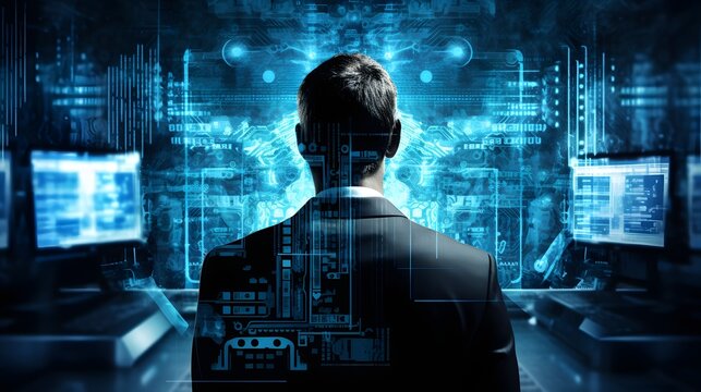 Conceptual of a cybernetic intelligence system monitoring and controlling a global digital security network  The image depicts a futuristic interface with data visualizations algorithms