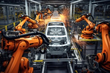 Fototapeta premium Car manufacturing factory robot architecture.