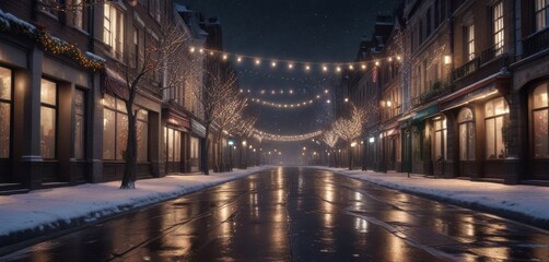 Fototapeta premium Winter city street at night with bright lights and festive decorations, Festive, Winter, Decorations