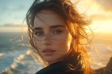 Fototapeta premium Woman with windblown hair at sunset near ocean