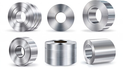 Steel sheet roll, stainless construction tape coil isolated on white background. Metallurgy industry production. Vector realistic set of metal, aluminium or tin sheet roll in front, top and angle view
