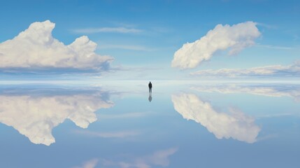 Contemplative solo walk on reflective water serene landscape digital art tranquil environment bird's eye view