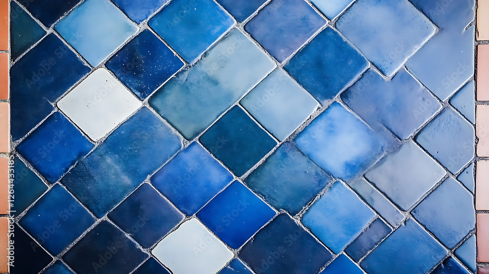 Poster abstract diagonal tile array with blue hue variation and contrasting edge tiles pattern