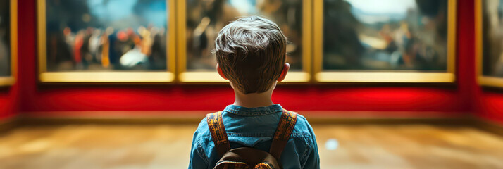 Exploration of art and culture on International museum day. Boy in a museum standing in front of a painting. Back view