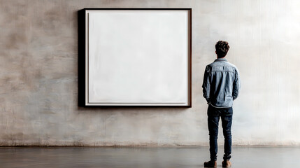 Exploring art and history on international museum day with modern art showcase. Man in a museum standing in front of a painting. Back view