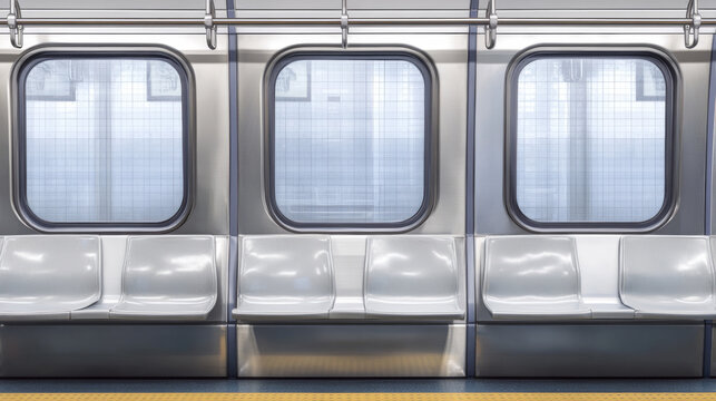 Window inside train interior. Vector realistic set of clear windows with metal frame and handles in metro wagon, passenger compartment in railway transport isolated on transparent background